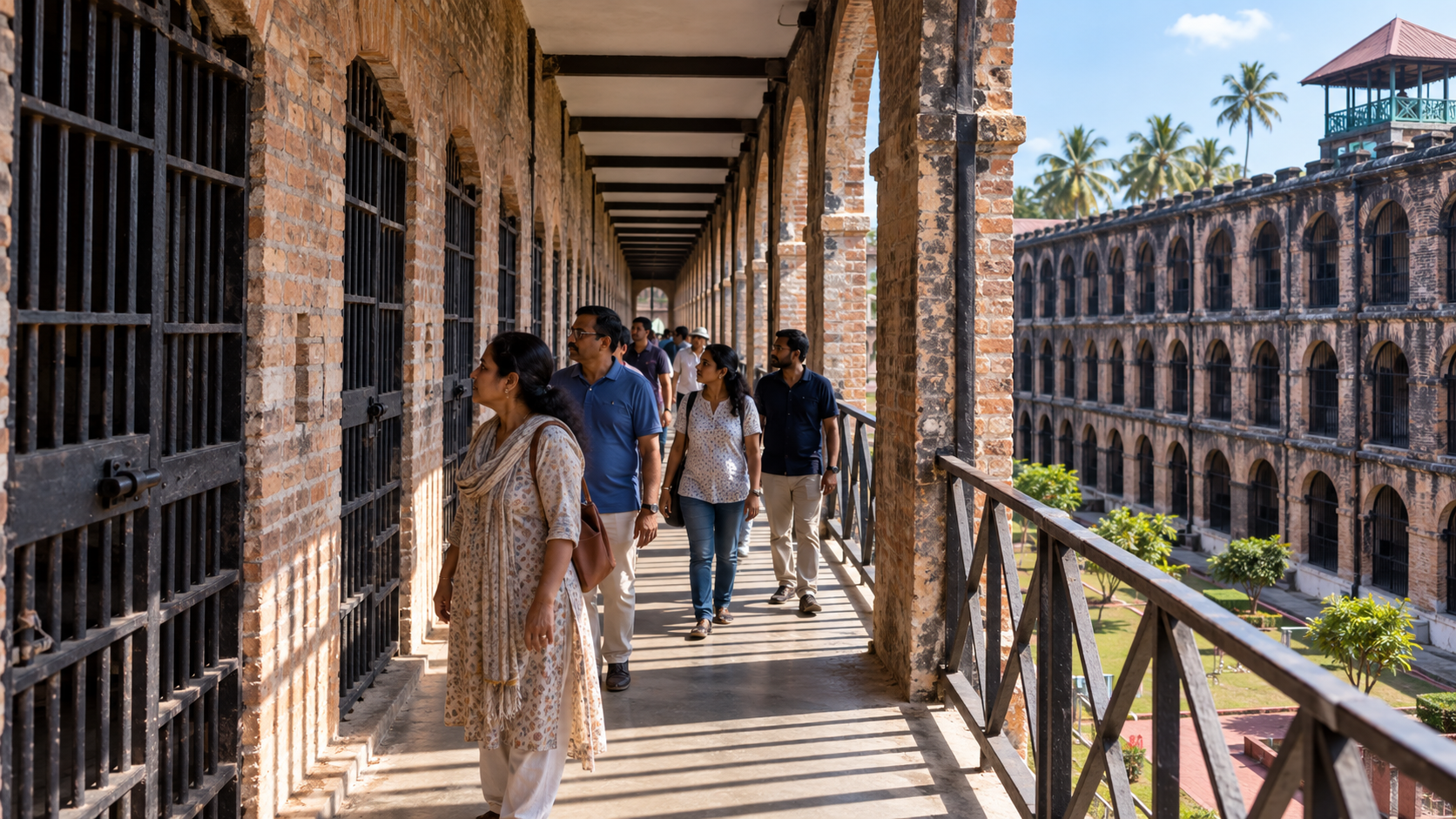 Visitors walking along the brick cell corridor at Cellular Jail in Port Blair
