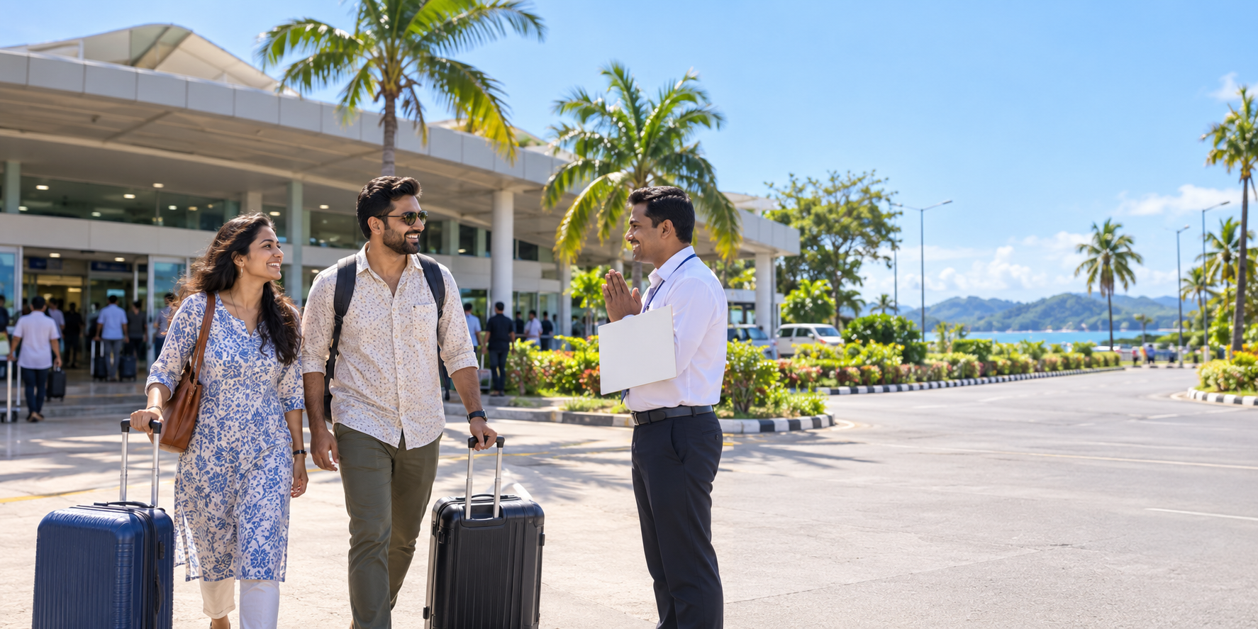 Travellers with luggage meeting a representative outside Port Blair airport
