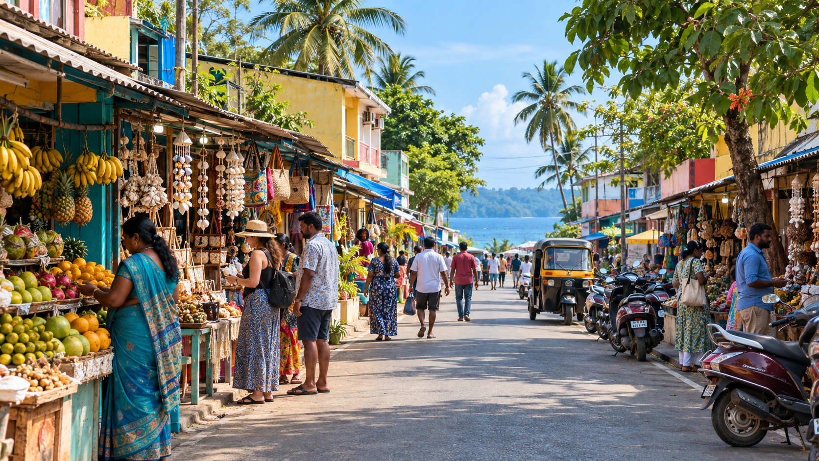Shops and visitors along a palm-lined street in Port Blair