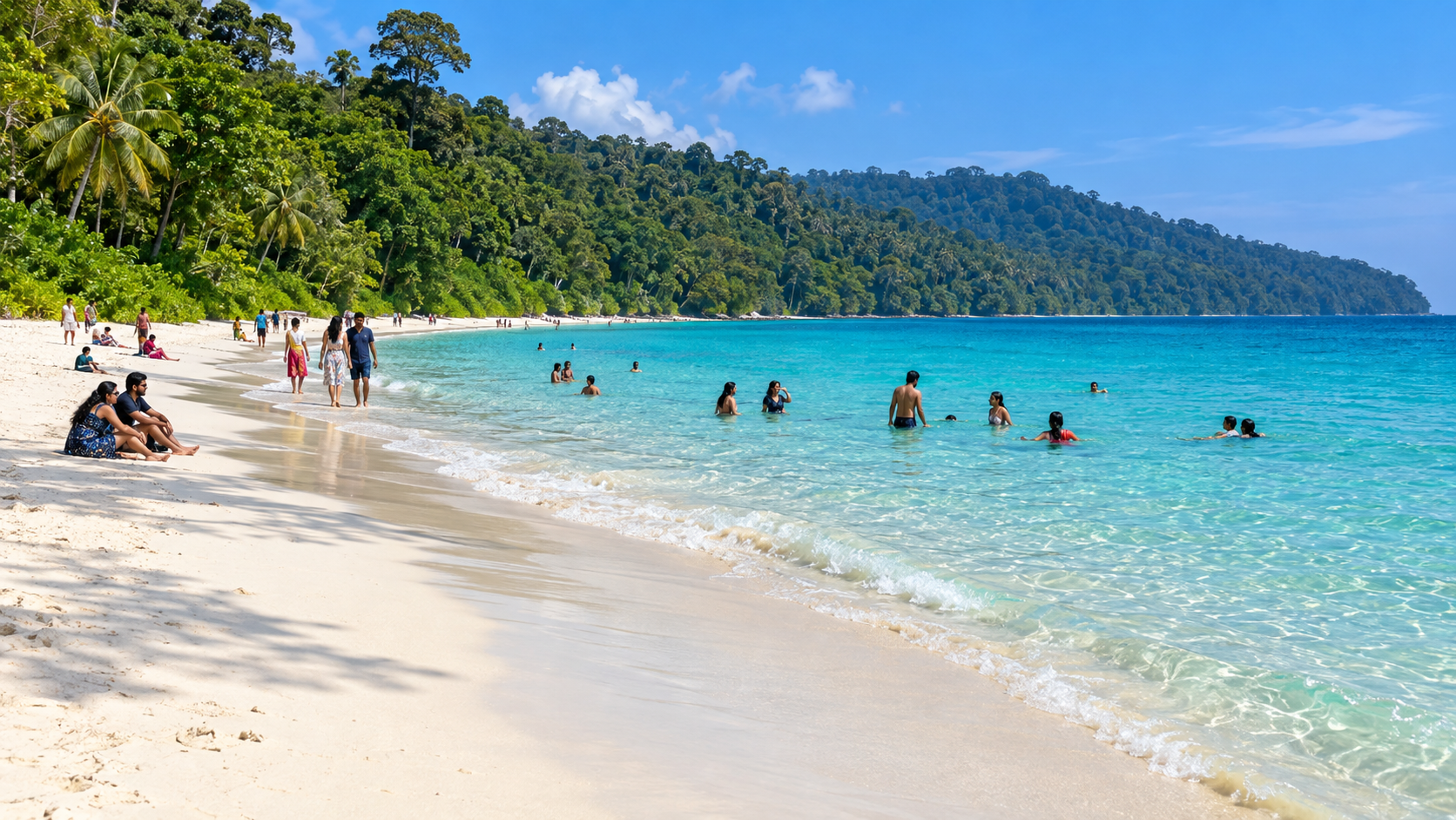 Swimmers beside Radhanagar Beach and its forested headland on Havelock Island