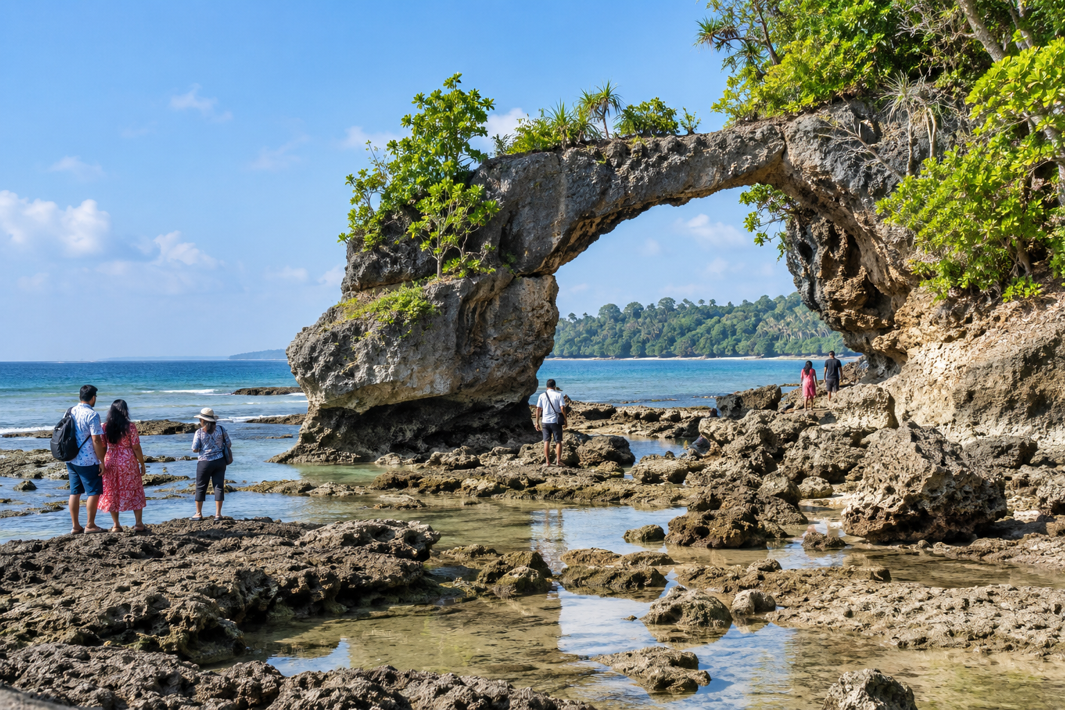 Natural rock bridge above the exposed shoreline on Neil Island