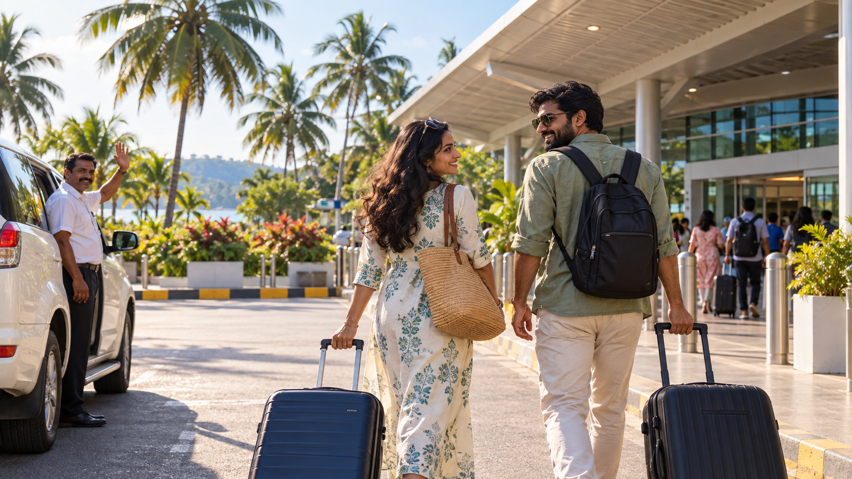 Travellers with luggage outside the airport terminal in Port Blair