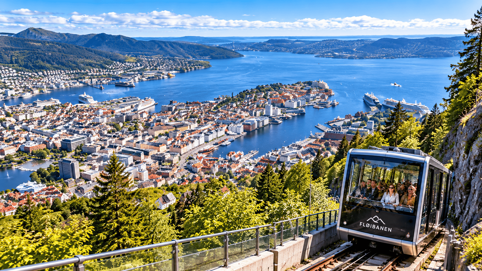Guided tour of Bergen. Visit the Mt. Floyen by funicular.