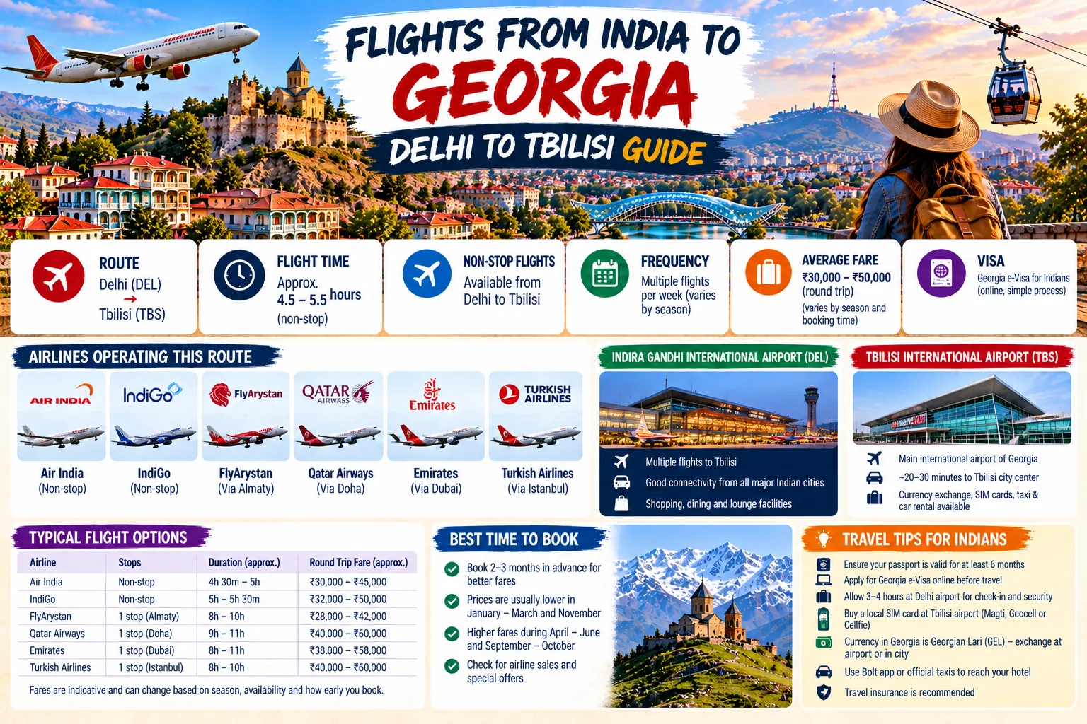 Flights from India to Georgia: Delhi and Mumbai to Tbilisi, Routes and Fares