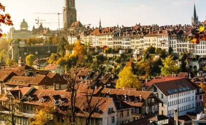 City of Bern, Münster, Aare and Federal Palace in autumn, Switzerland