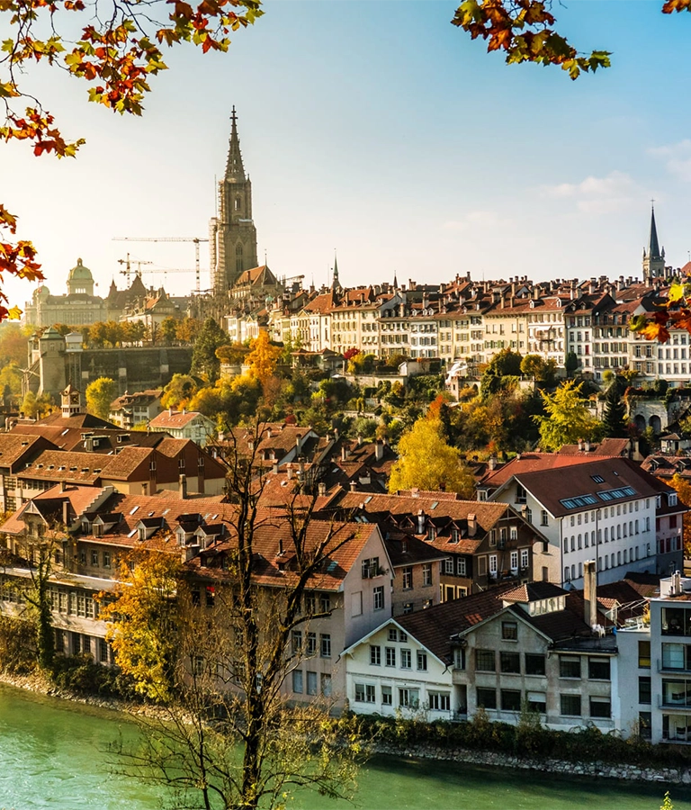 City of Bern, Münster, Aare and Federal Palace in autumn, Switzerland