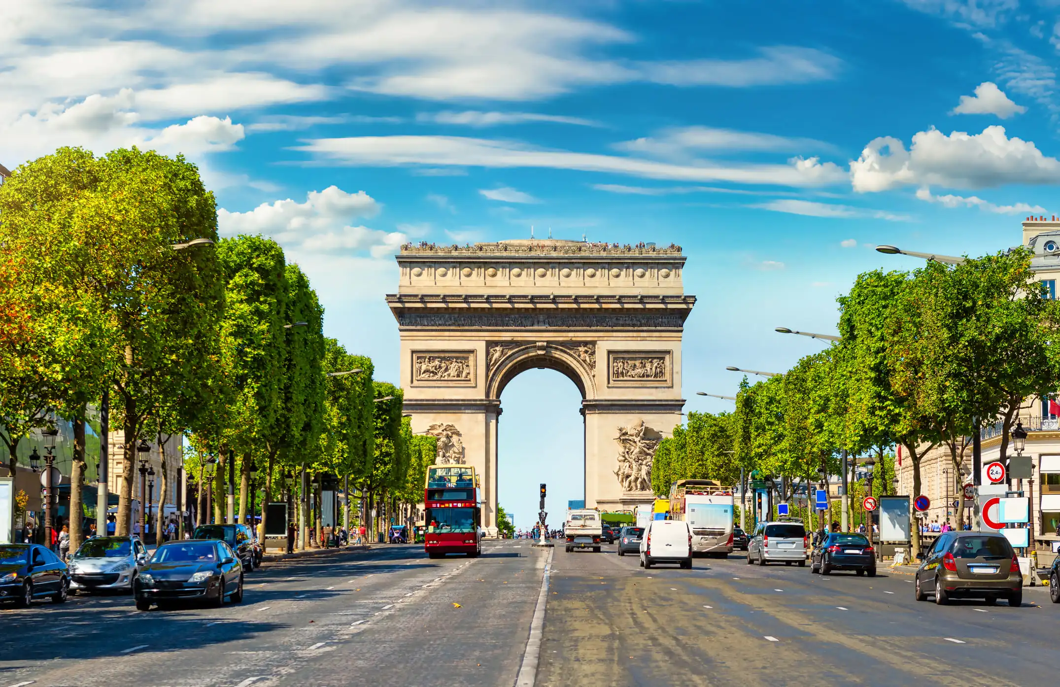 Road of Champs Elysee leading to Arc de Triomphe in Paris, France